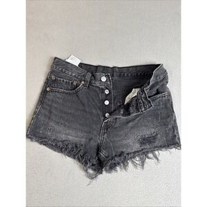 Levis 501 Jean Shorts Womens 26 High Rise Black Wash Jort 100% Cotton Denim Fray